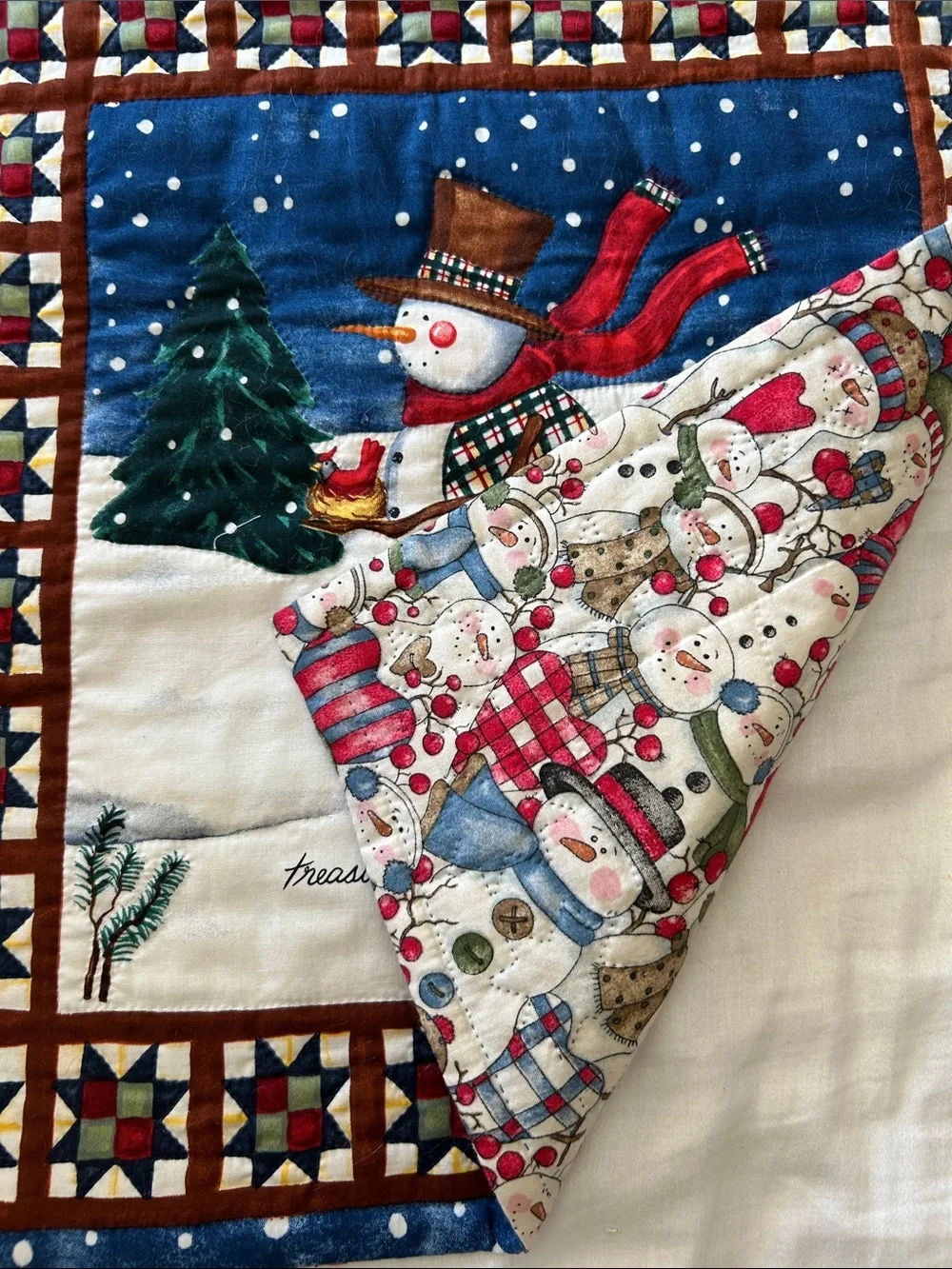 Holiday Snowman Quilted Wall Hanging - Blue and White Festive Decor